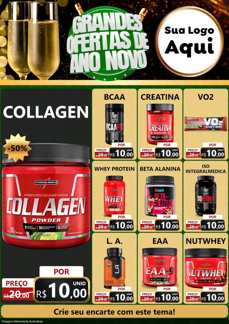 Modelo de Encarte para Encarte A4 Vertical com o tema Grandes Ofertas de Ano Novo para Suplementos alimentares