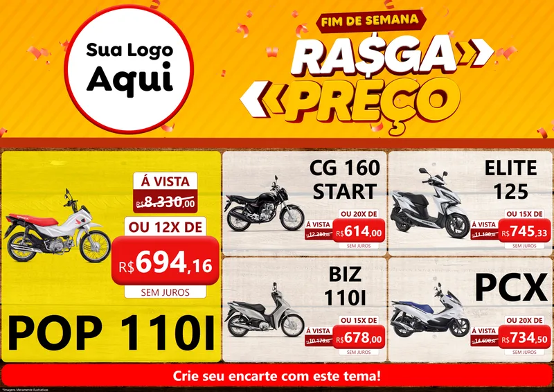 Modelo de Encarte para Encarte A4 Horizontal com o tema Fim de Semana Rasga Preços para Concessionaria de Motos