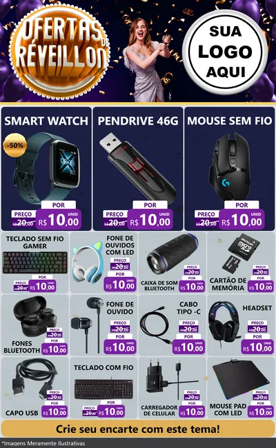 Modelo de Encarte para Encarte Grande com o tema Ofertas de Réveillon para Informática