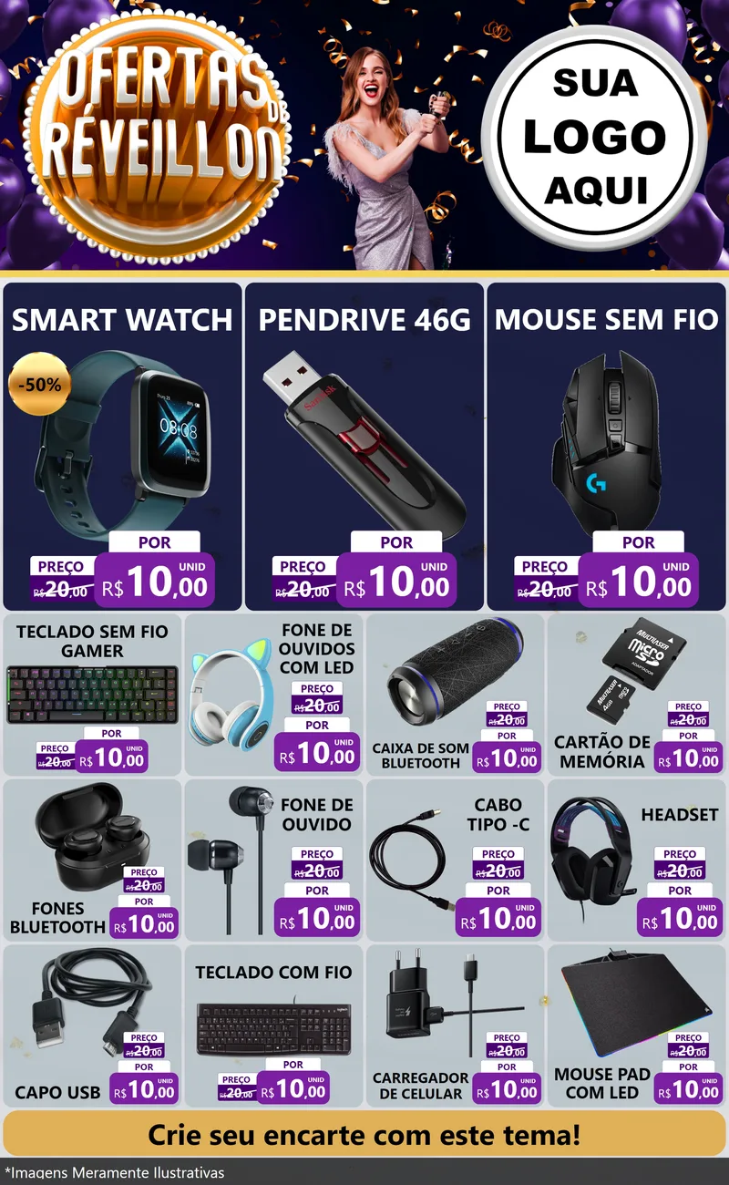 Modelo de Encarte para Encarte Grande com o tema Ofertas de Réveillon para Informática