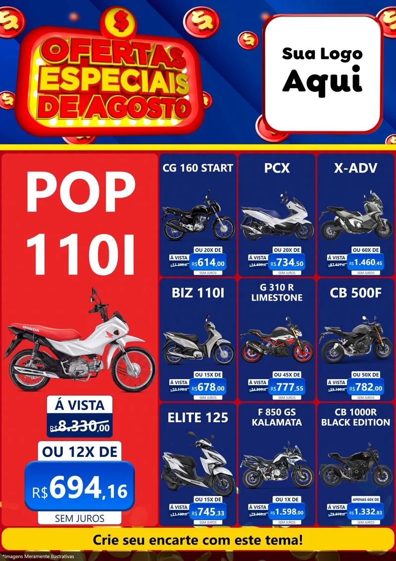Modelo de Encarte para Encarte A4 Vertical com o tema Ofertas Especiais de Agosto para Concessionaria de Motos