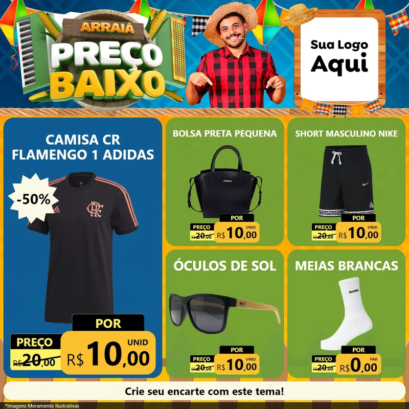 Modelo de Rede Social para Feed Facebook com o tema Arraiá de Preço Baixo - Junina para Roupas e acessórios