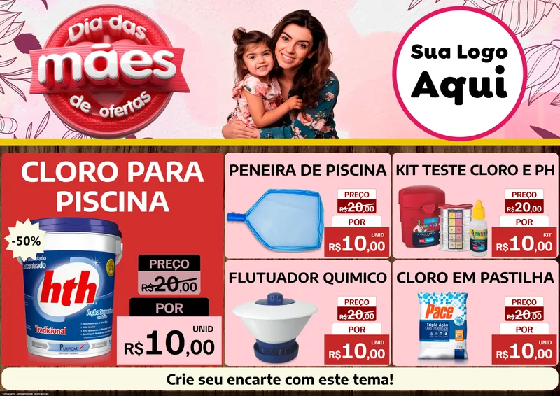 Modelo de Encarte para Encarte A4 Horizontal com o tema Dia Das Mães De Ofertas para Produtos para Piscina