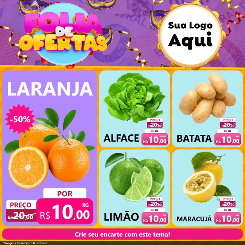 Modelo de Rede Social para Feed Facebook com o tema Folia de Ofertas para Hortifrúti