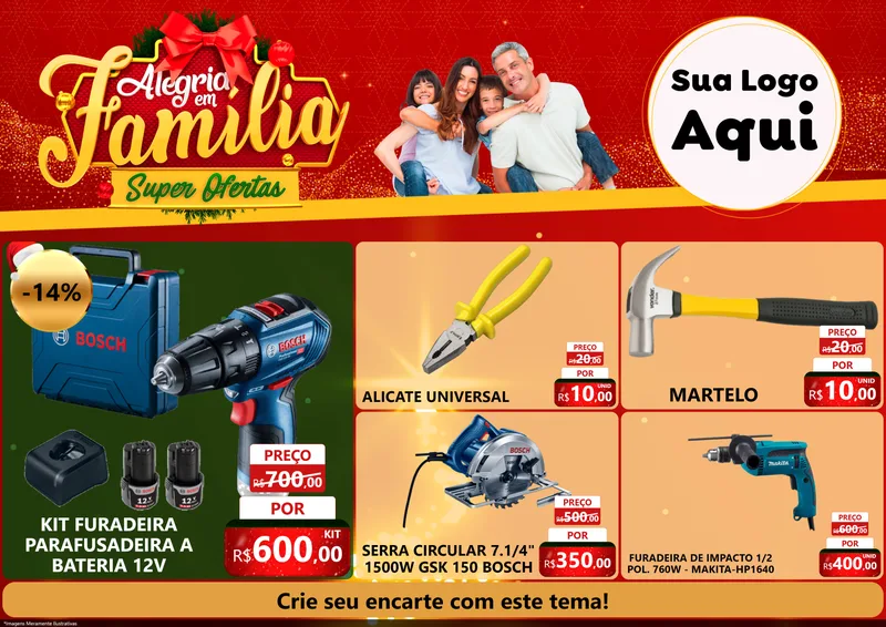 Modelo de Encarte para Encarte A4 Horizontal com o tema Alegria em Família Super Ofertas - Natal para Maquinas e Ferramentas