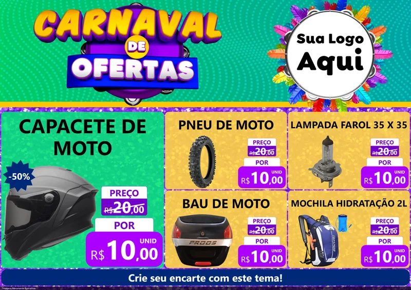 Modelo de Encarte para Encarte A4 Horizontal com o tema Carnaval de Ofertas para Moto peças