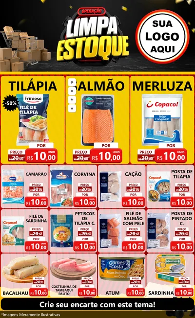 Modelo de Encarte para Encarte Grande com o tema Operação Limpa Estoque para Peixaria