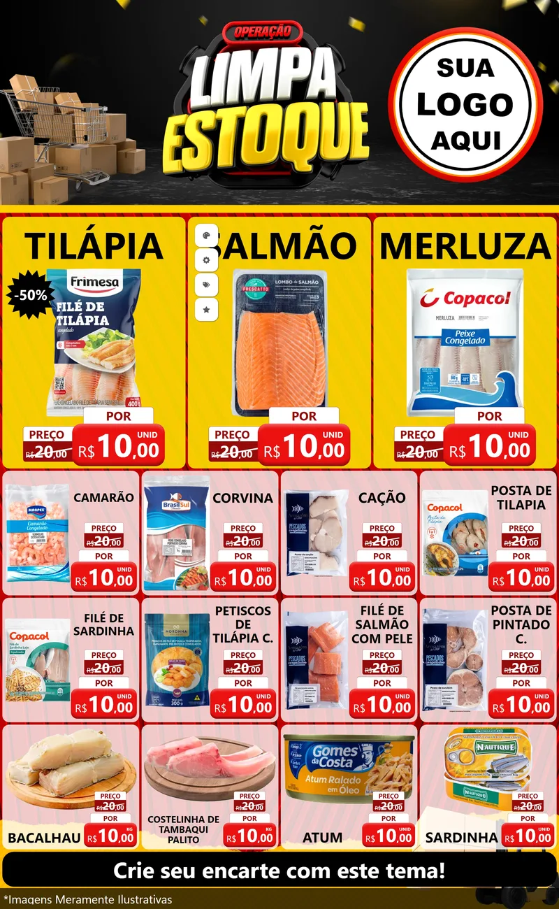 Modelo de Encarte para Encarte Grande com o tema Operação Limpa Estoque para Peixaria