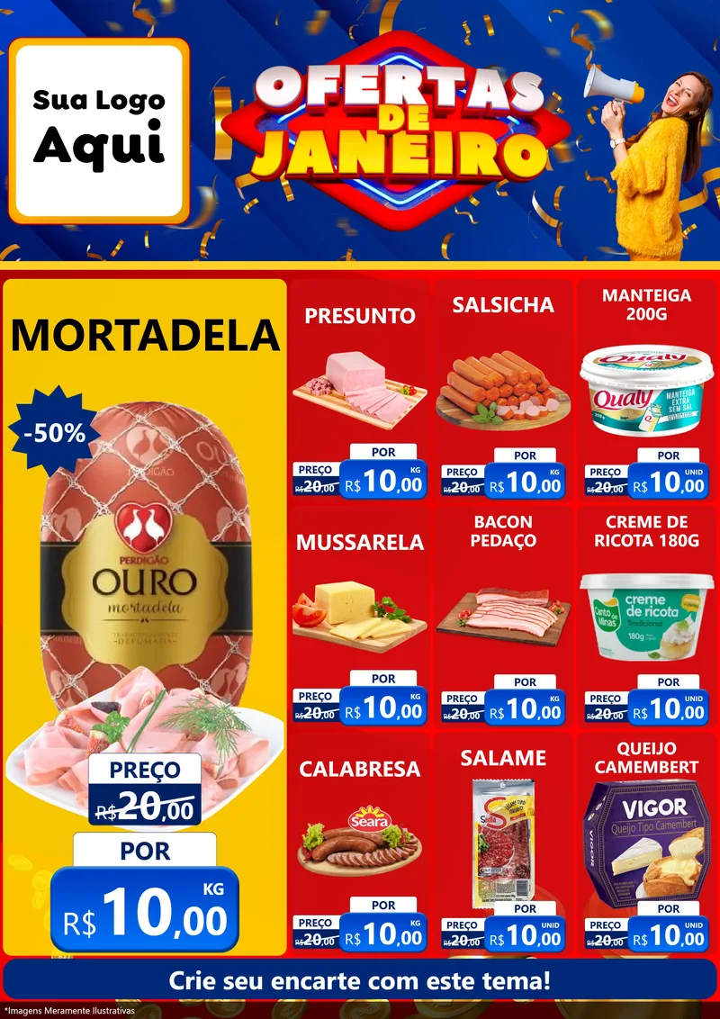 Modelo de Encarte para Encarte A4 Vertical com o tema Ofertas de Janeiro para Frios e Laticínios