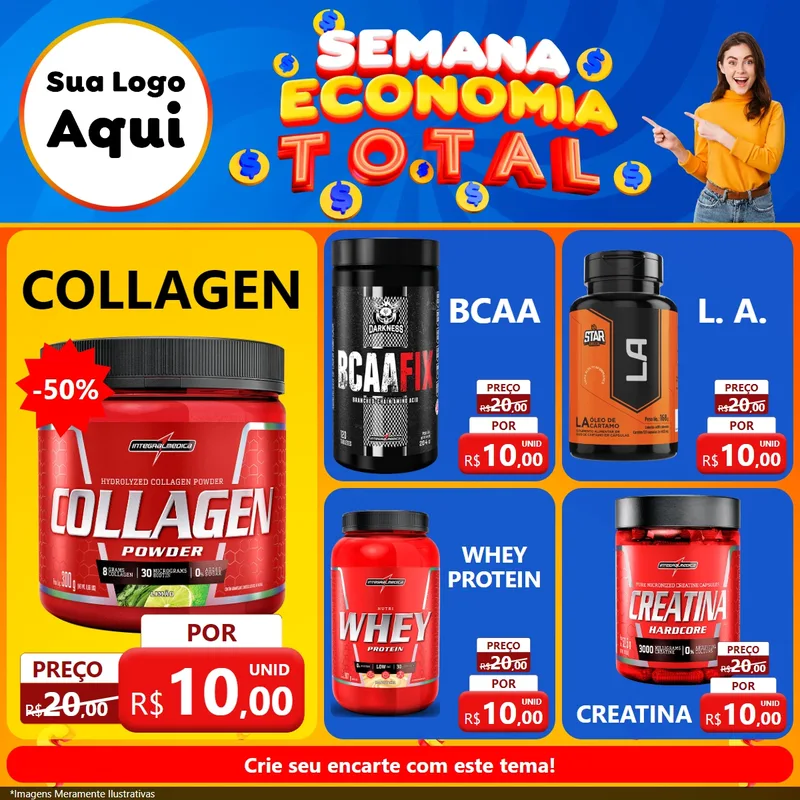 Modelo de Rede Social para Feed Facebook com o tema Semana Economia Total para Suplementos alimentares