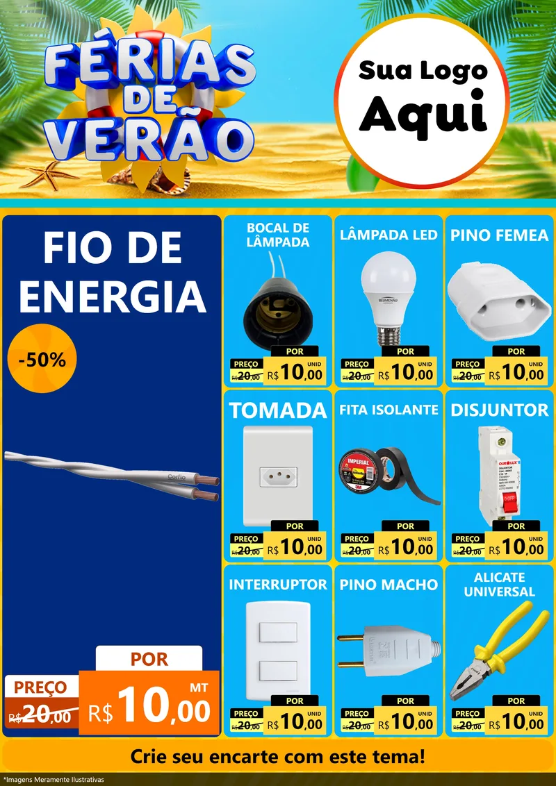 Modelo de Encarte para Encarte A4 Vertical com o tema Férias de Verão para Materiais Elétricos