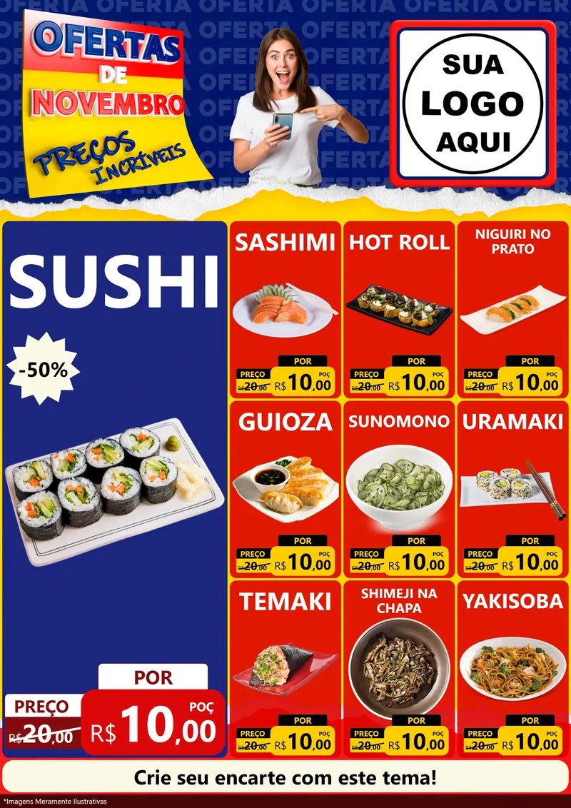 Modelo de Encarte para Encarte A4 Vertical com o tema Ofertas de Novembro - Preços Incríveis para Comida japonesa