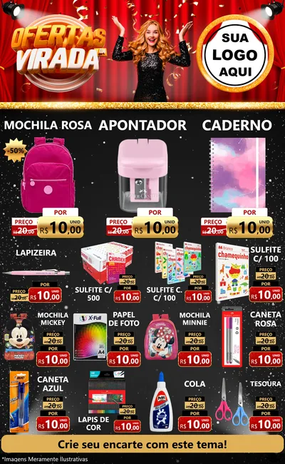 Modelo de Encarte para Encarte Grande com o tema Ofertas da Virada para Papelaria