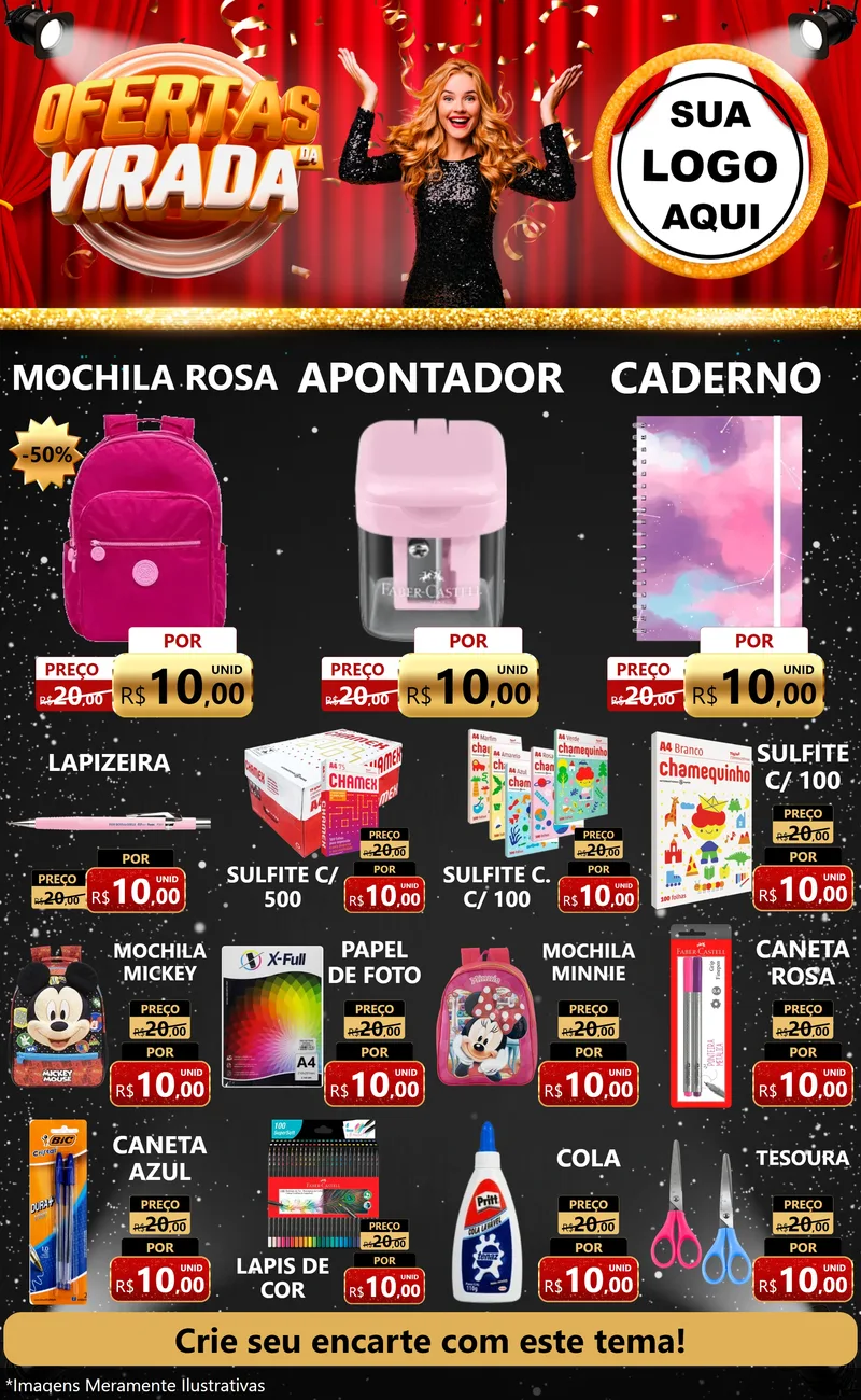 Modelo de Encarte para Encarte Grande com o tema Ofertas da Virada para Papelaria