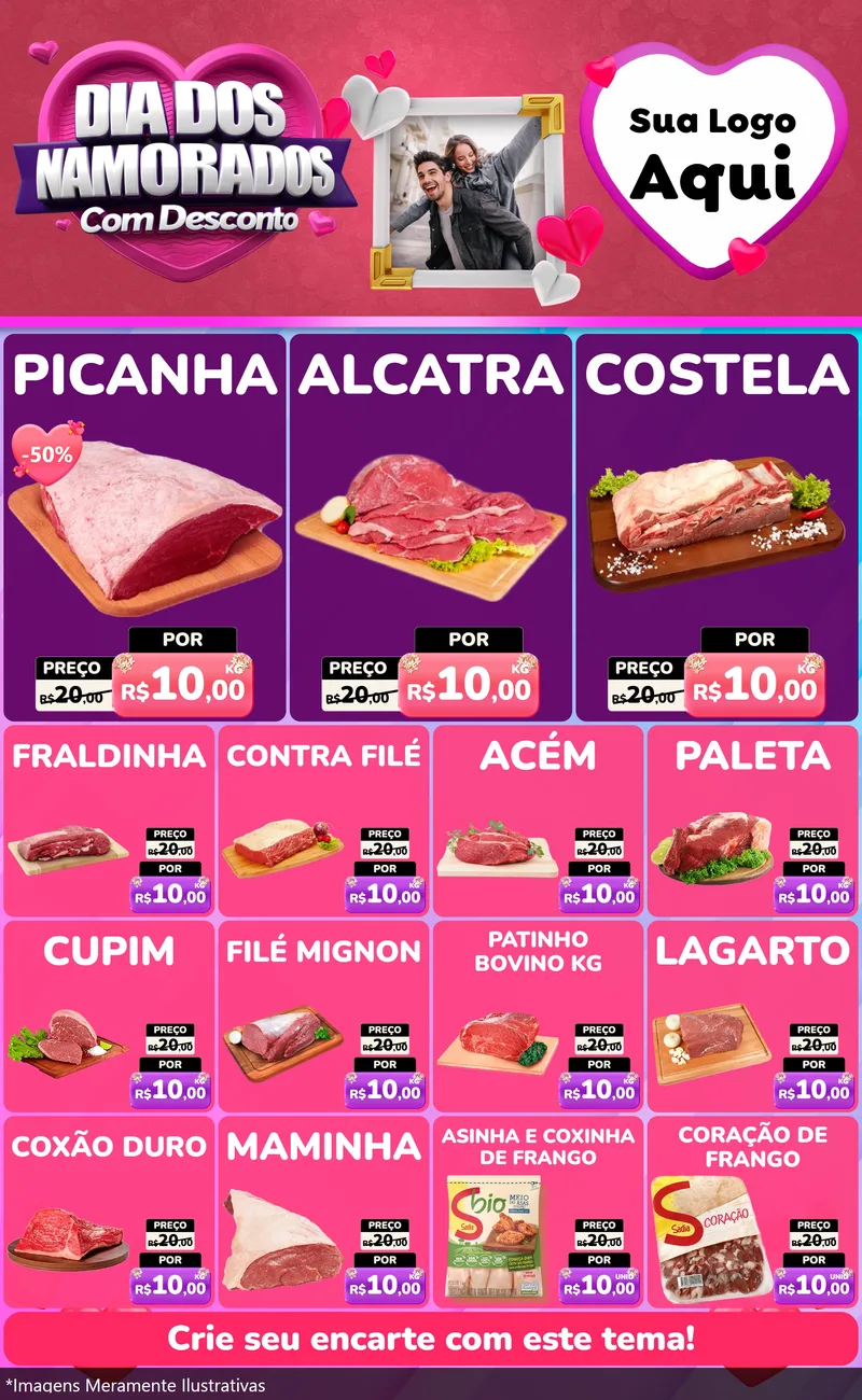 Modelo de Encarte para Encarte Grande com o tema Dia Dos Namorados Com Desconto para Açougue