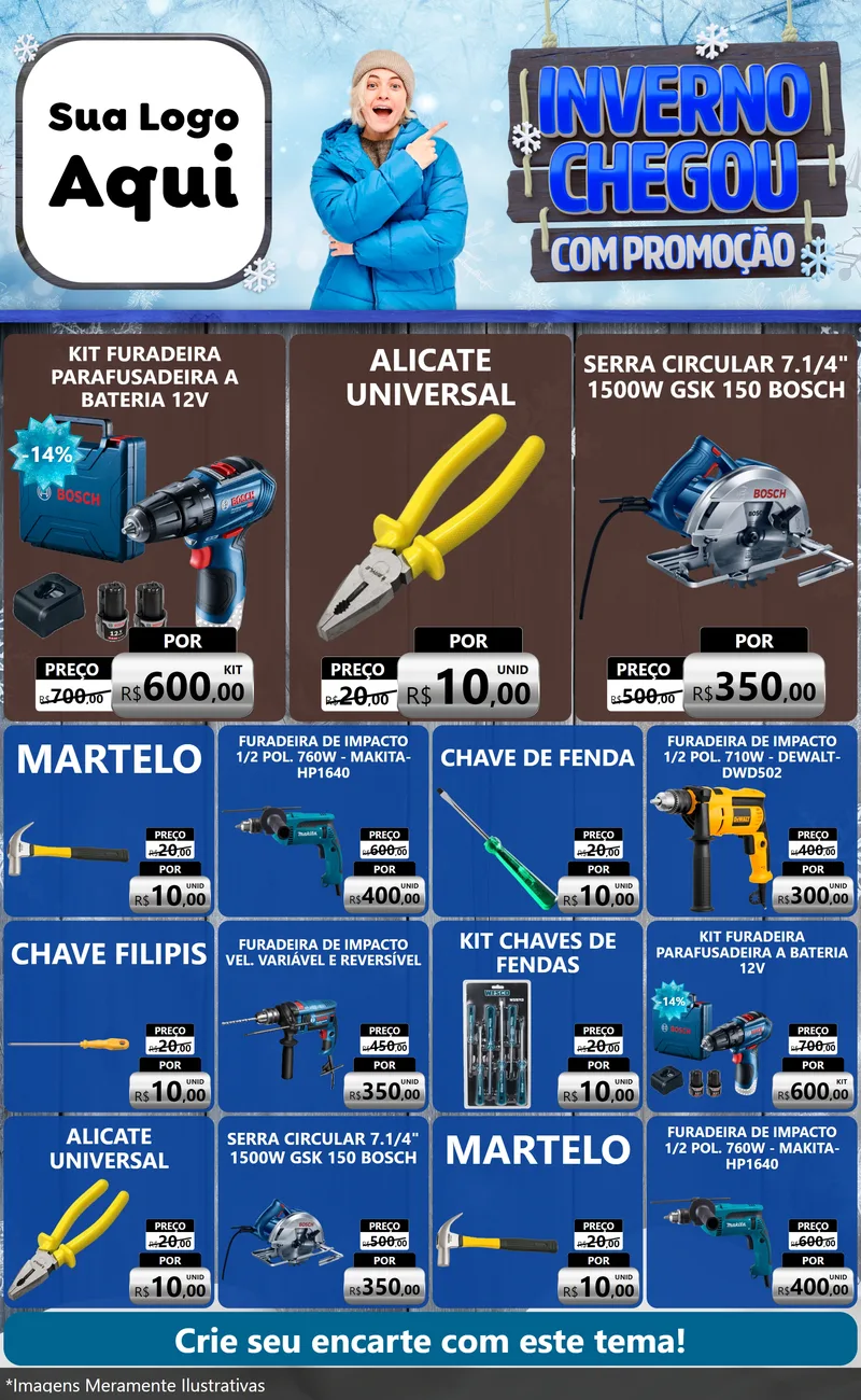 Modelo de Encarte para Encarte Grande com o tema Inverno Chegou Com Promoção para Maquinas e Ferramentas