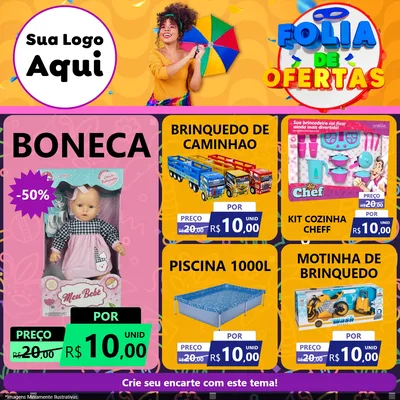 Modelo de Rede Social para Feed Facebook com o tema Folia de Ofertas para Brinquedos