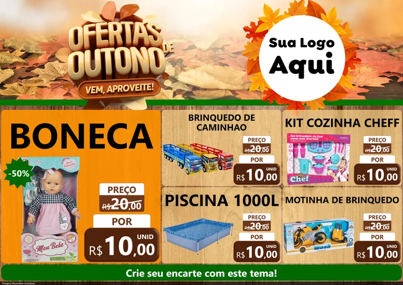 Modelo de Encarte para Encarte A4 Horizontal com o tema Ofertas de Outono - Vem, Aproveite! para Brinquedos