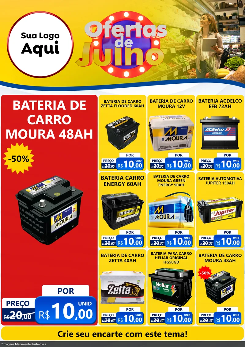 Modelo de Encarte para Encarte A4 Vertical com o tema Ofertas de Julho para Baterias Elétricas