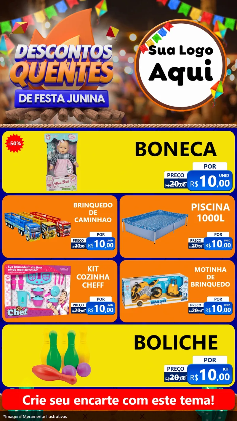 Modelo de TV para TV Vertical com o tema Descontos Quentes de Festa Junina para Brinquedos