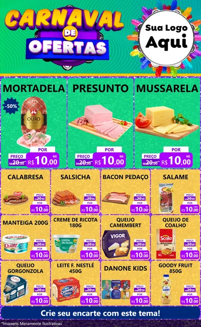 Modelo de Encarte para Encarte Grande com o tema Carnaval de Ofertas para Frios e Laticínios
