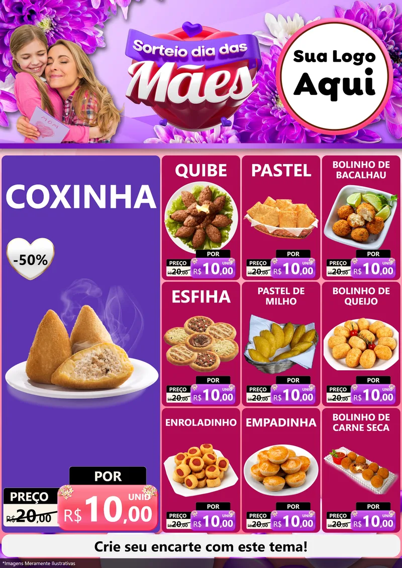Modelo de Encarte para Encarte A4 Vertical com o tema Sorteio Dia das Mães para Salgadaria