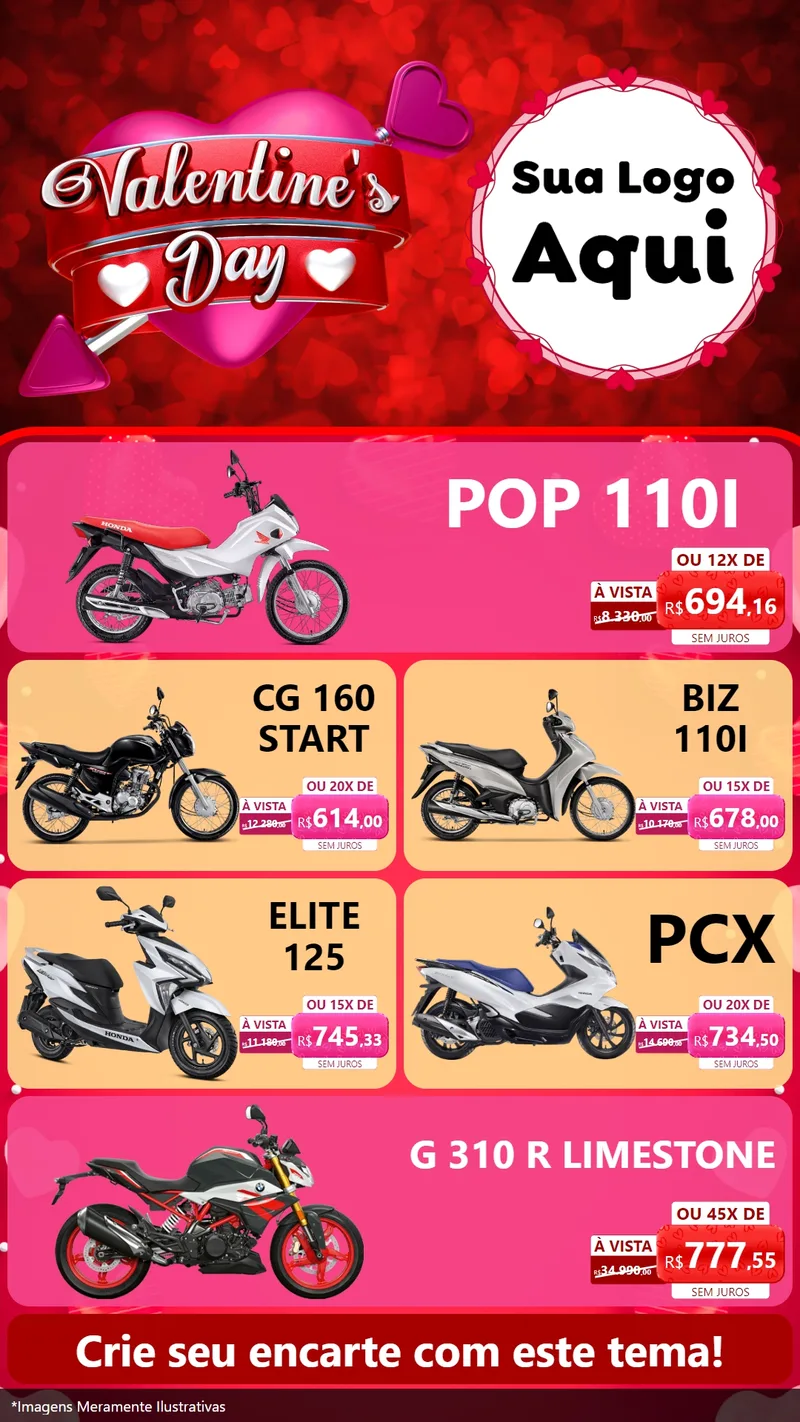 Modelo de TV para TV Vertical com o tema Valentine's Day para Concessionaria de Motos