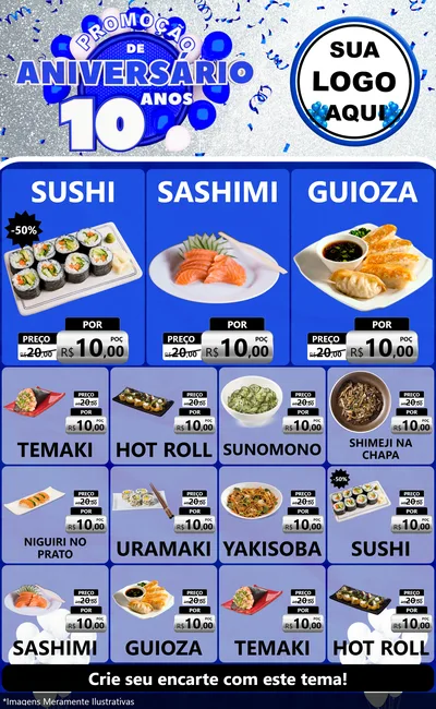 Modelo de Encarte para Encarte Grande com o tema Promoção de Aniversário - 10 Anos para Comida japonesa