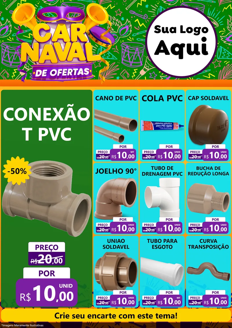 Modelo de Encarte para Encarte A4 Vertical com o tema Carnaval de Ofertas para Tubos e conexões