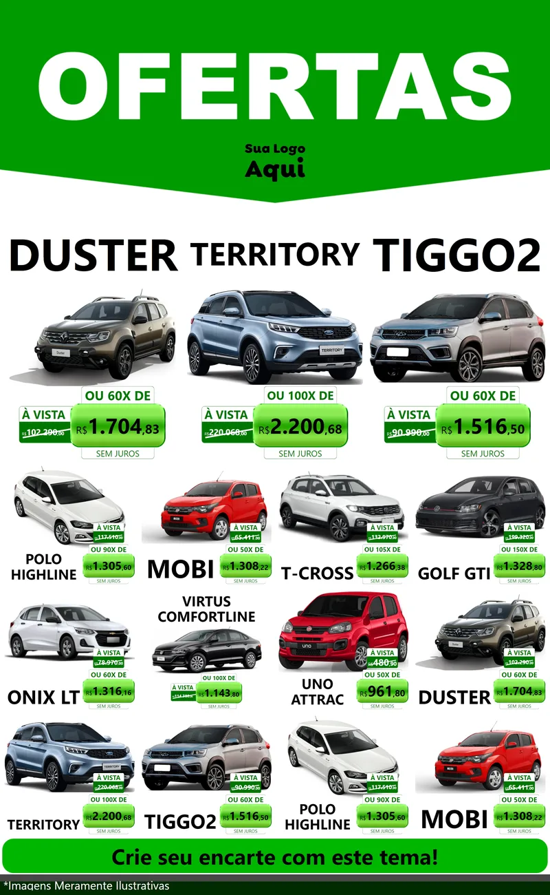 Modelo de Encarte para Encarte Grande com o tema Ofertas Verde Cartaz para Concessionaria de Carros