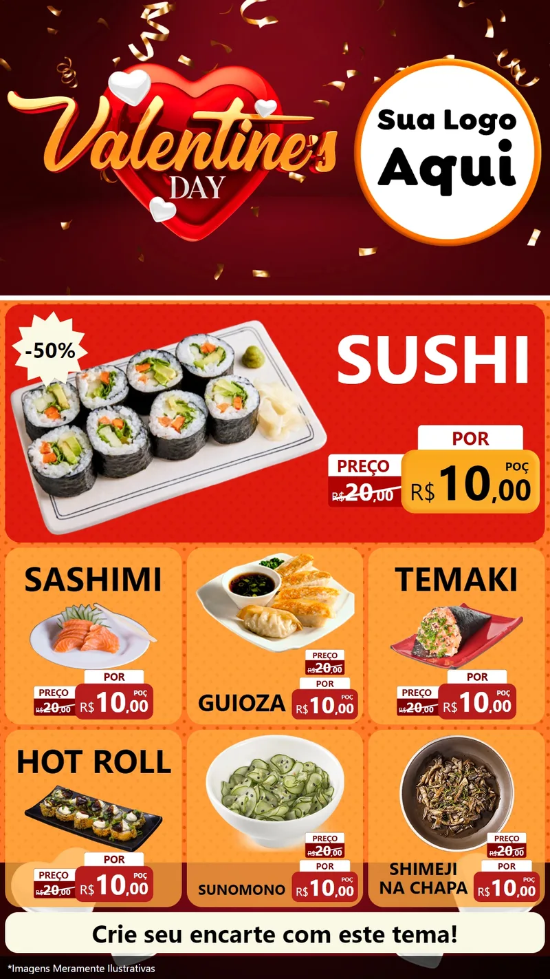 Modelo de Rede Social para Stories com o tema Valentine's Day para Comida japonesa