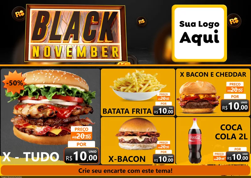 Modelo de Encarte para Encarte A4 Horizontal com o tema Black November para Hamburgueria