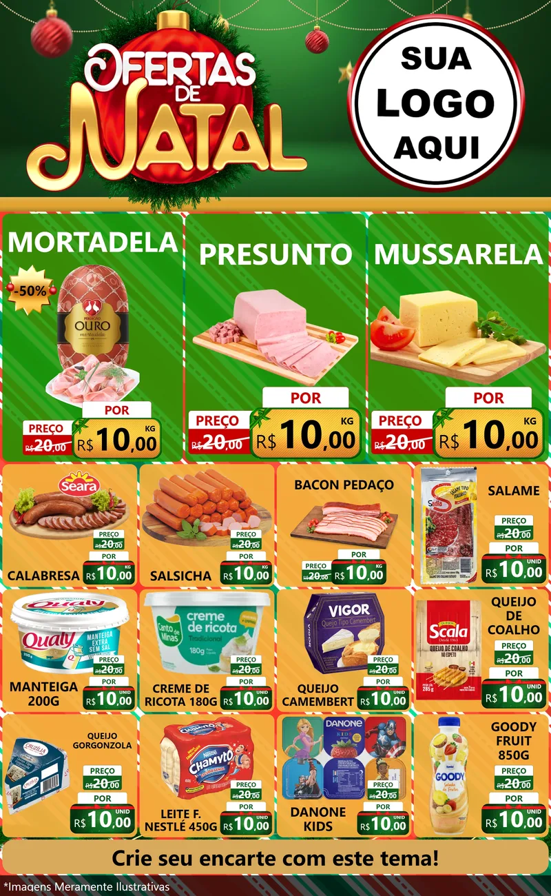 Modelo de Encarte para Encarte Grande com o tema Ofertas de Natal para Frios e Laticínios
