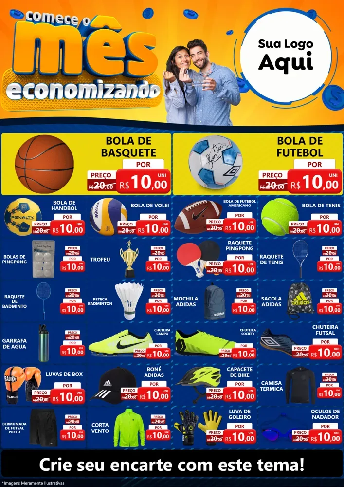 Modelo de Encarte para Encarte A4 Vertical com o tema Comece O Mês Economizando para Artigos Esportivos