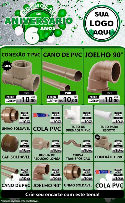 Modelo de Encarte para Encarte Grande com o tema Promoção de Aniversário - 6 Anos para Tubos e conexões
