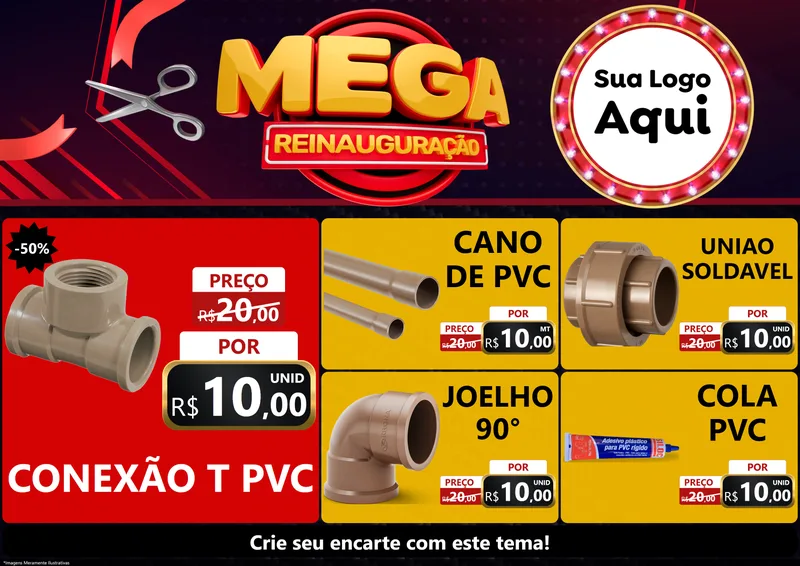 Modelo de Encarte para Encarte A4 Horizontal com o tema Mega Reinauguração para Tubos e conexões