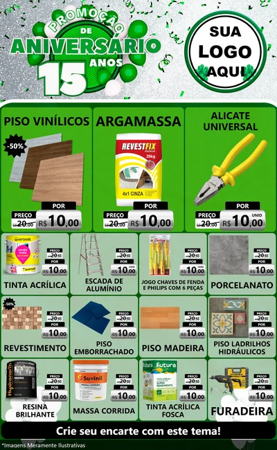 Modelo de Encarte para Encarte Grande com o tema Promoção de Aniversário - 15 Anos para Material para Construção