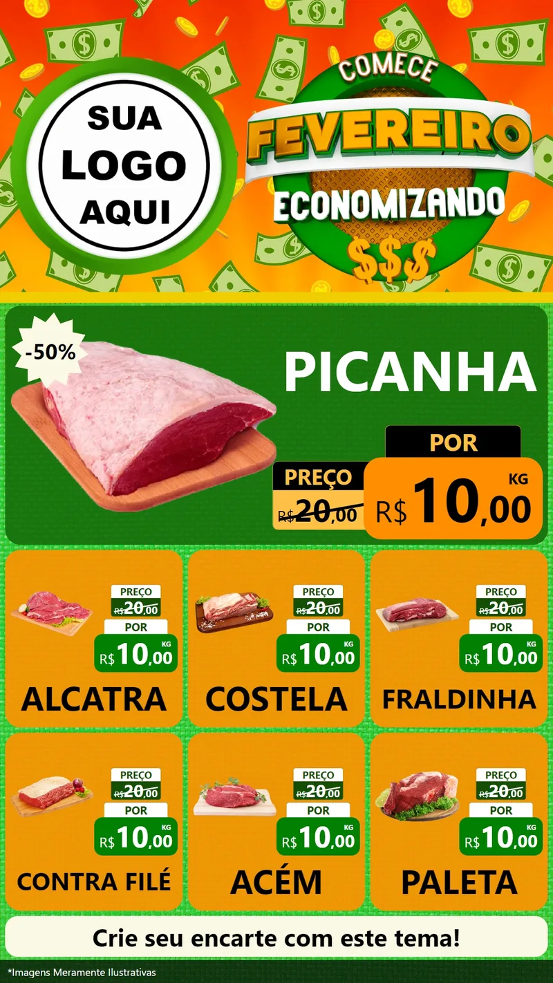 Modelo de Rede Social para Stories com o tema Comece Fevereiro Economizando para Açougue