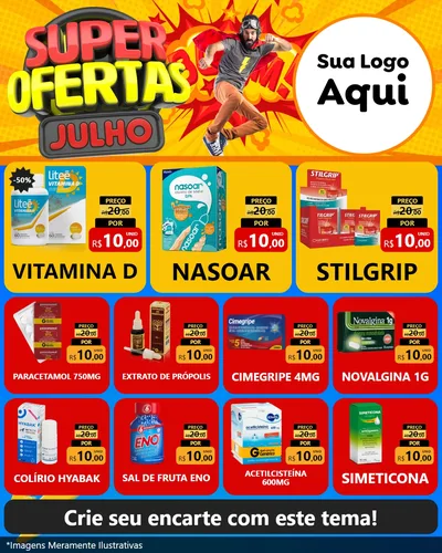 Modelo de Rede Social para Feed Instagram com o tema Super Ofertas Julho para Farmácia
