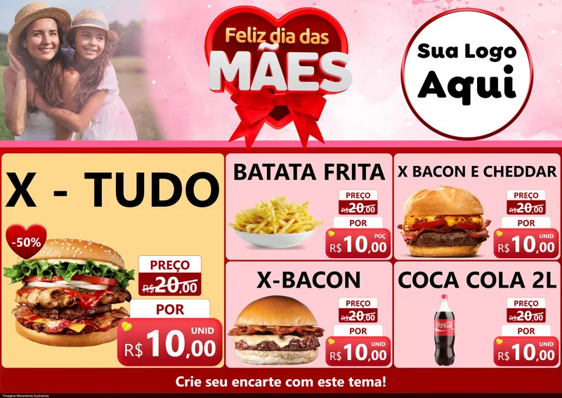 Modelo de Encarte para Encarte A4 Horizontal com o tema Feliz Dia Das Mães para Hamburgueria