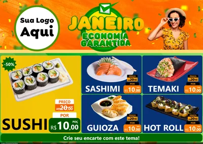 Modelo de Encarte para Encarte A4 Horizontal com o tema Janeiro - Economia Garantida para Comida japonesa