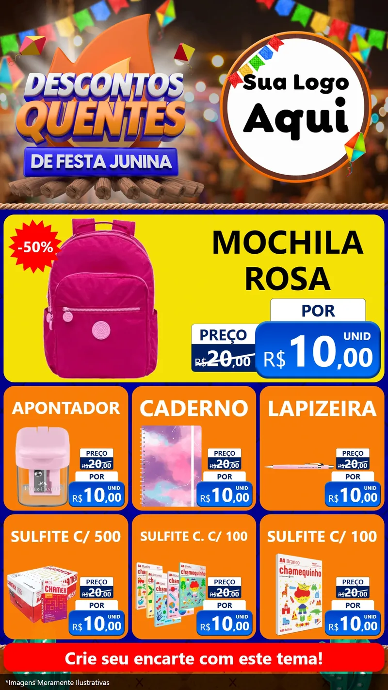 Modelo de Rede Social para Stories com o tema Descontos Quentes de Festa Junina para Papelaria