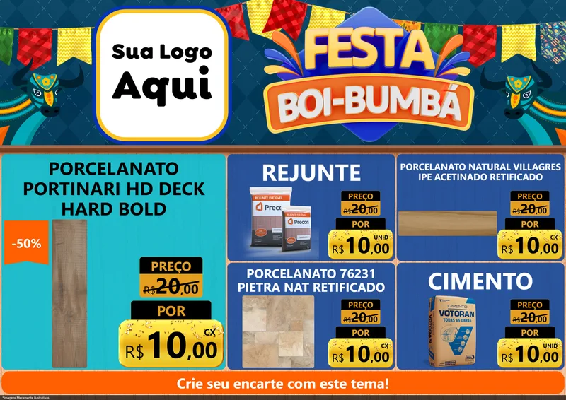 Modelo de Encarte para Encarte A4 Horizontal com o tema Festa Boi Bumbá para Pisos e revestimentos