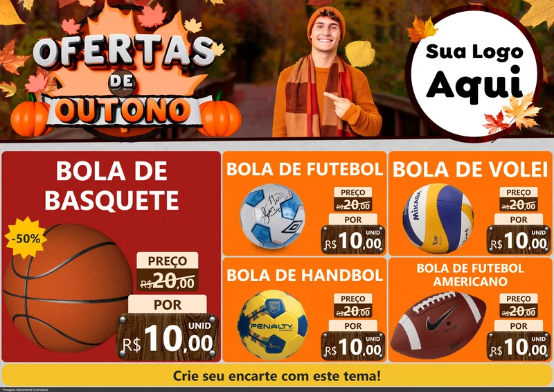 Modelo de Encarte para Encarte A4 Horizontal com o tema Ofertas de Outono para Artigos Esportivos