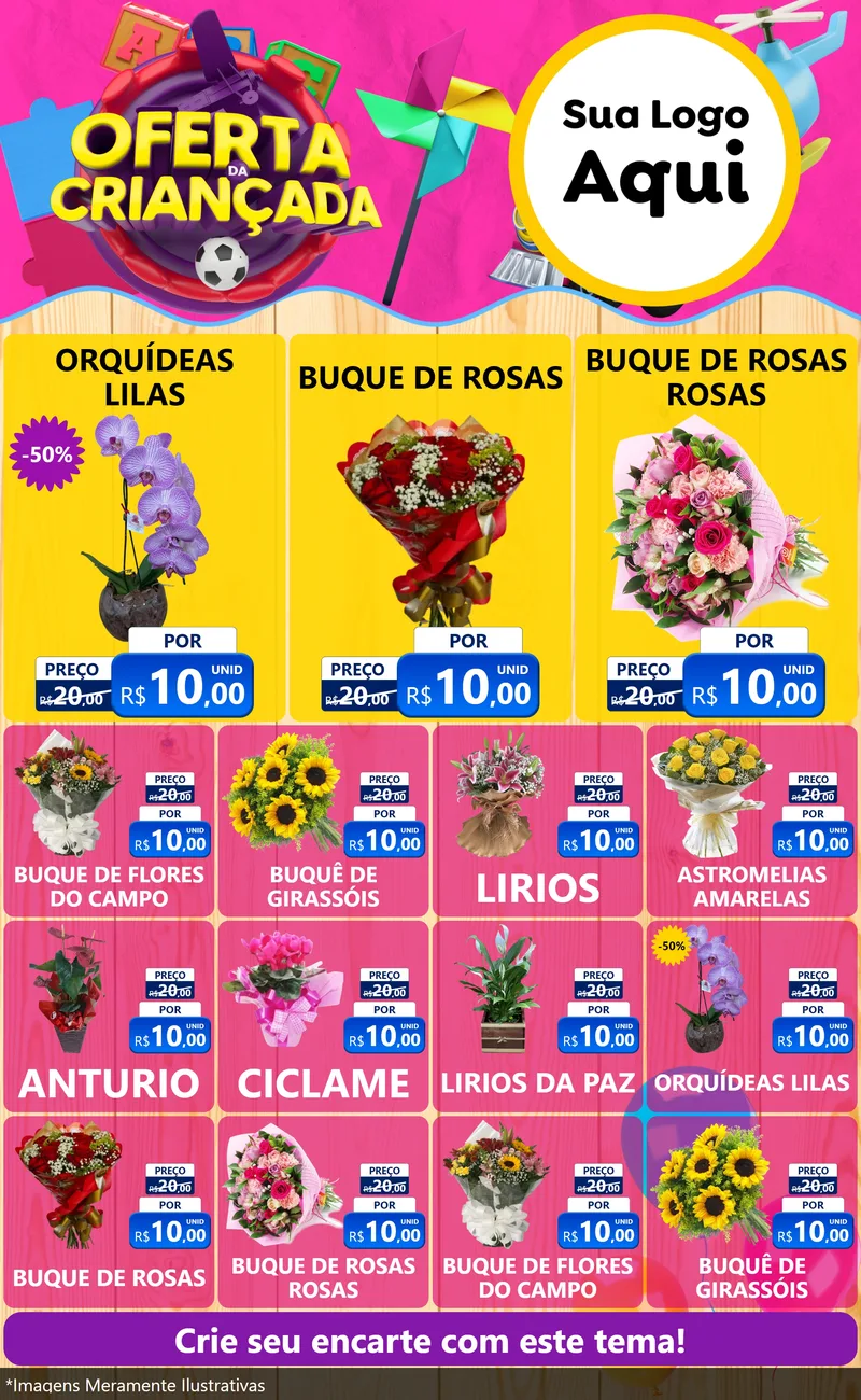 Modelo de Encarte para Encarte Grande com o tema Oferta da Criançada para Floricultura e jardim