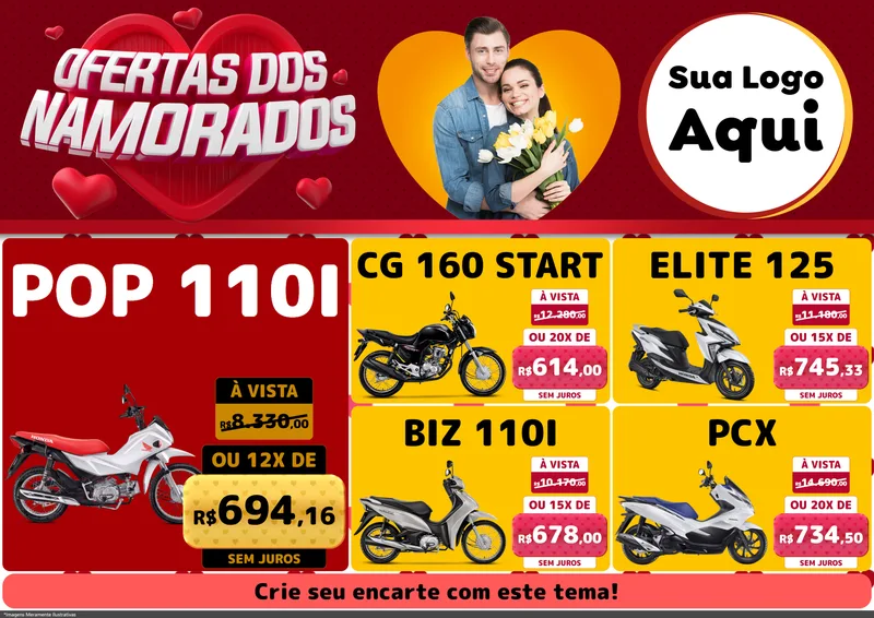 Modelo de Encarte para Encarte A4 Horizontal com o tema Ofertas Dos Namorados para Concessionaria de Motos