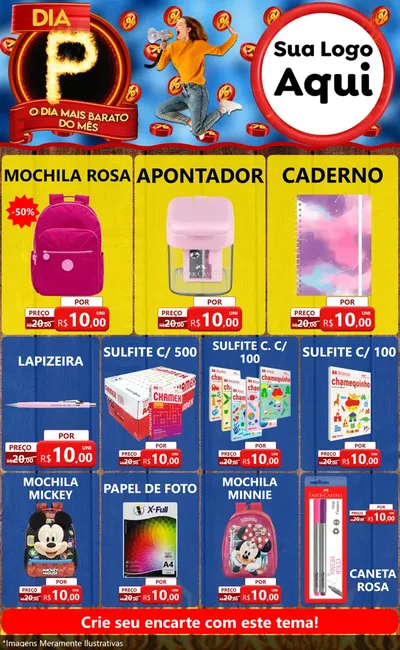 Modelo de Encarte para Encarte Grande com o tema Dia P - O Dia Mais Barato Do Mês para Papelaria