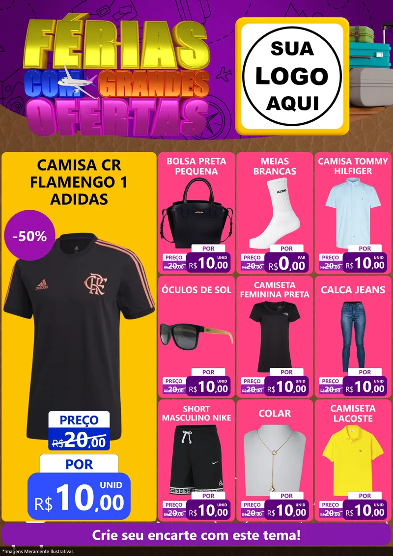 Modelo de Encarte para Encarte A4 Vertical com o tema Férias com Grandes Ofertas para Roupas e acessórios