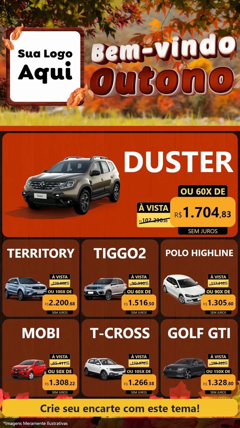Modelo de Rede Social para Stories com o tema Bem-vindo Outono para Concessionaria de Carros