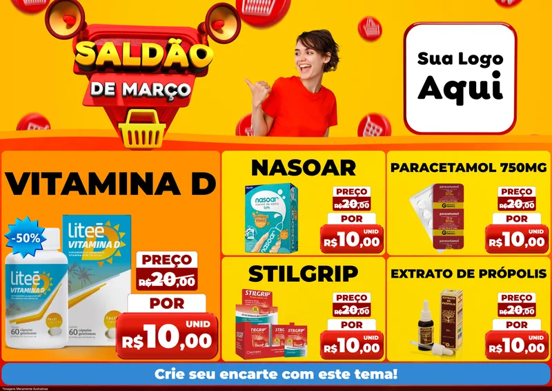 Modelo de Encarte para Encarte A4 Horizontal com o tema Saldão de Março para Farmácia
